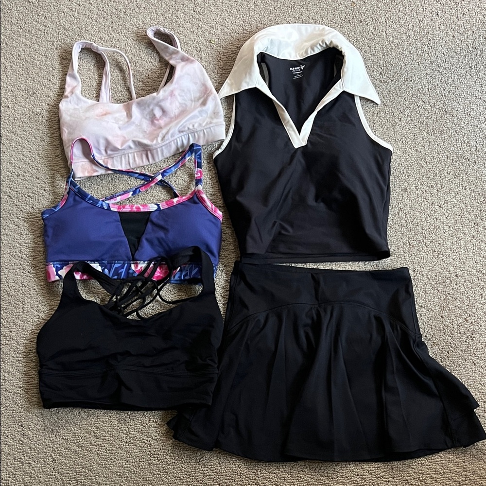 Lot of sports bras and tennis top & skort set